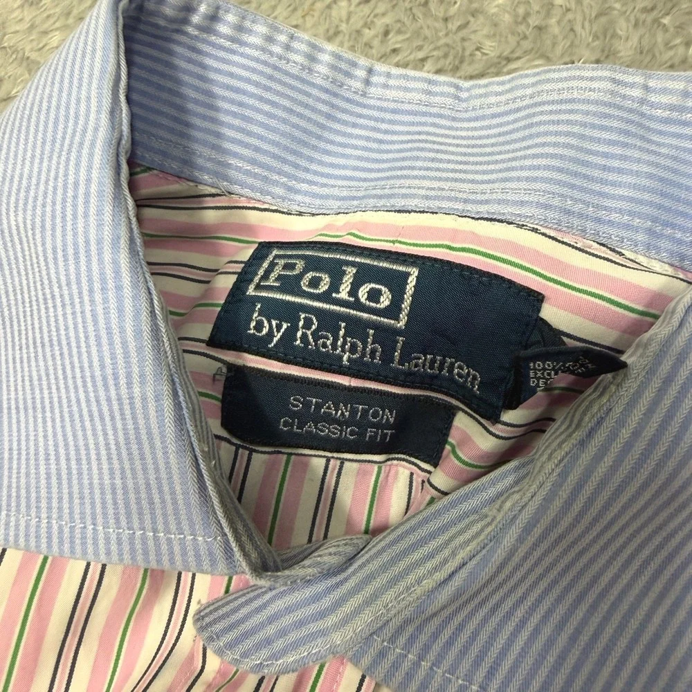 Polo Ralph Lauren Shirt Mens L Pink Stripe Stanton Classic Fit Short Sleeve Pony